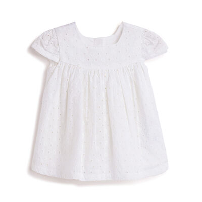 Girls White Schiffli Short Sleeve Dress